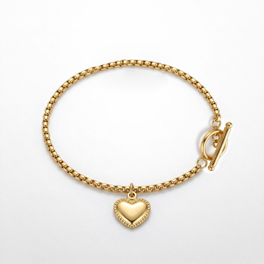 QIAOREN 11759 Dainty Heart Charm Box Chain Bracelet 18K Gold Stainless Steel Everyday Stackable Jewelry