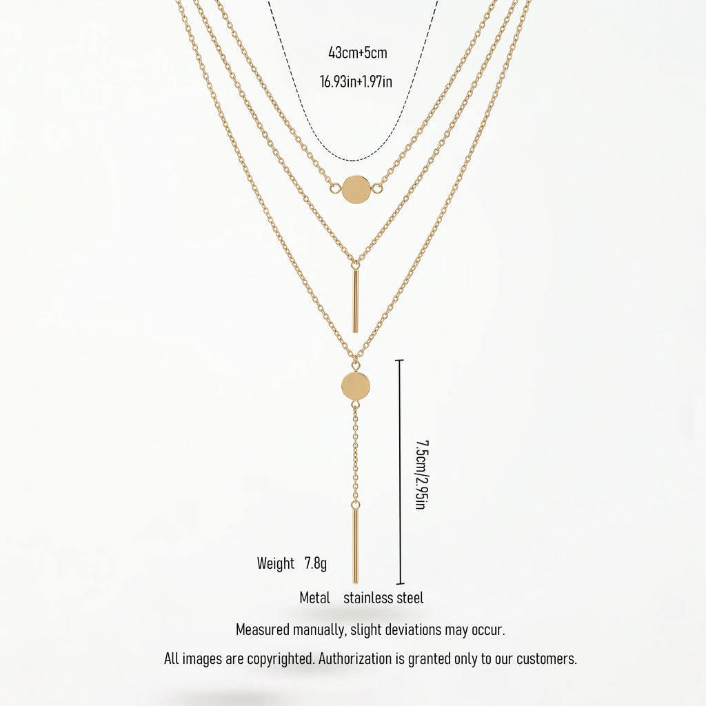 QIAOREN 11310 18K Gold Plated Triple Layered Y-Shaped Disc Bar Necklace Stainless Steel Tarnish Free Elongate Neck Jewelry