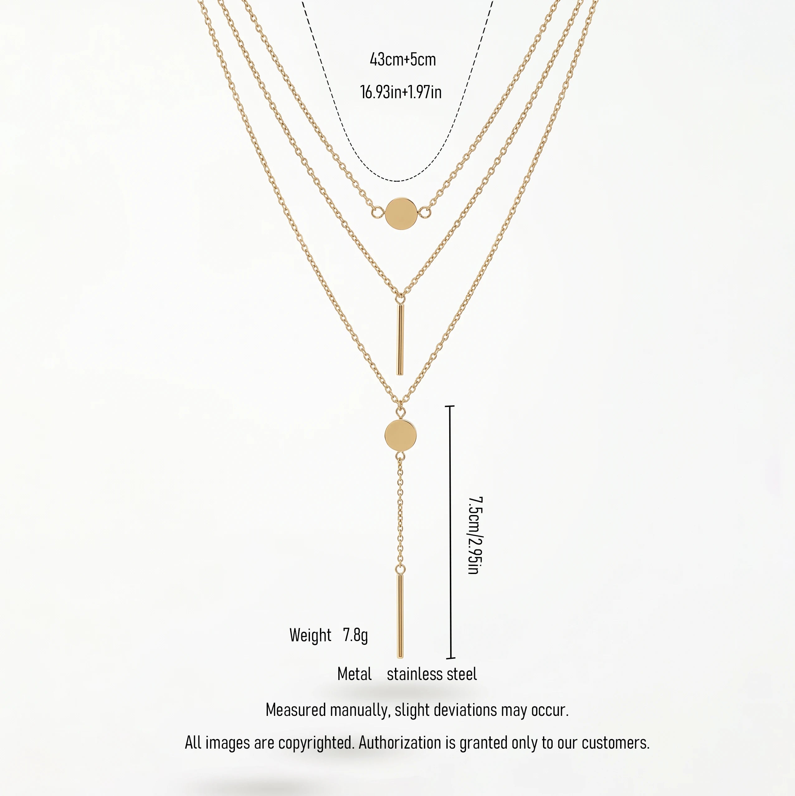 QIAOREN 11310 18K Gold Plated Triple Layered Y-Shaped Disc Bar Necklace Stainless Steel Tarnish Free Elongate Neck Jewelry