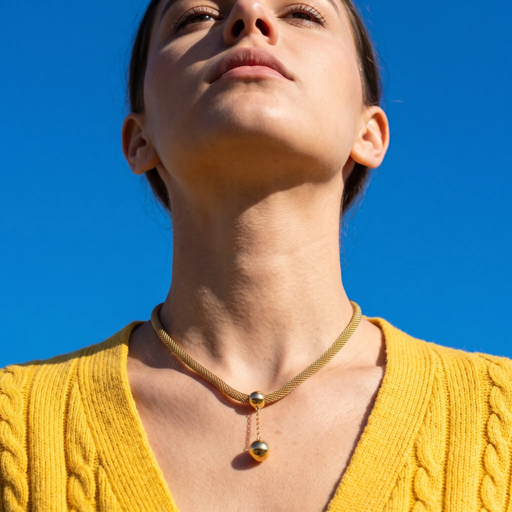 QIAOREN 13463 Dainty Mesh Chain Y Drop Necklace with Two Smooth Round Ball Pendants, Minimalist Gold Neck Jewelry Gift