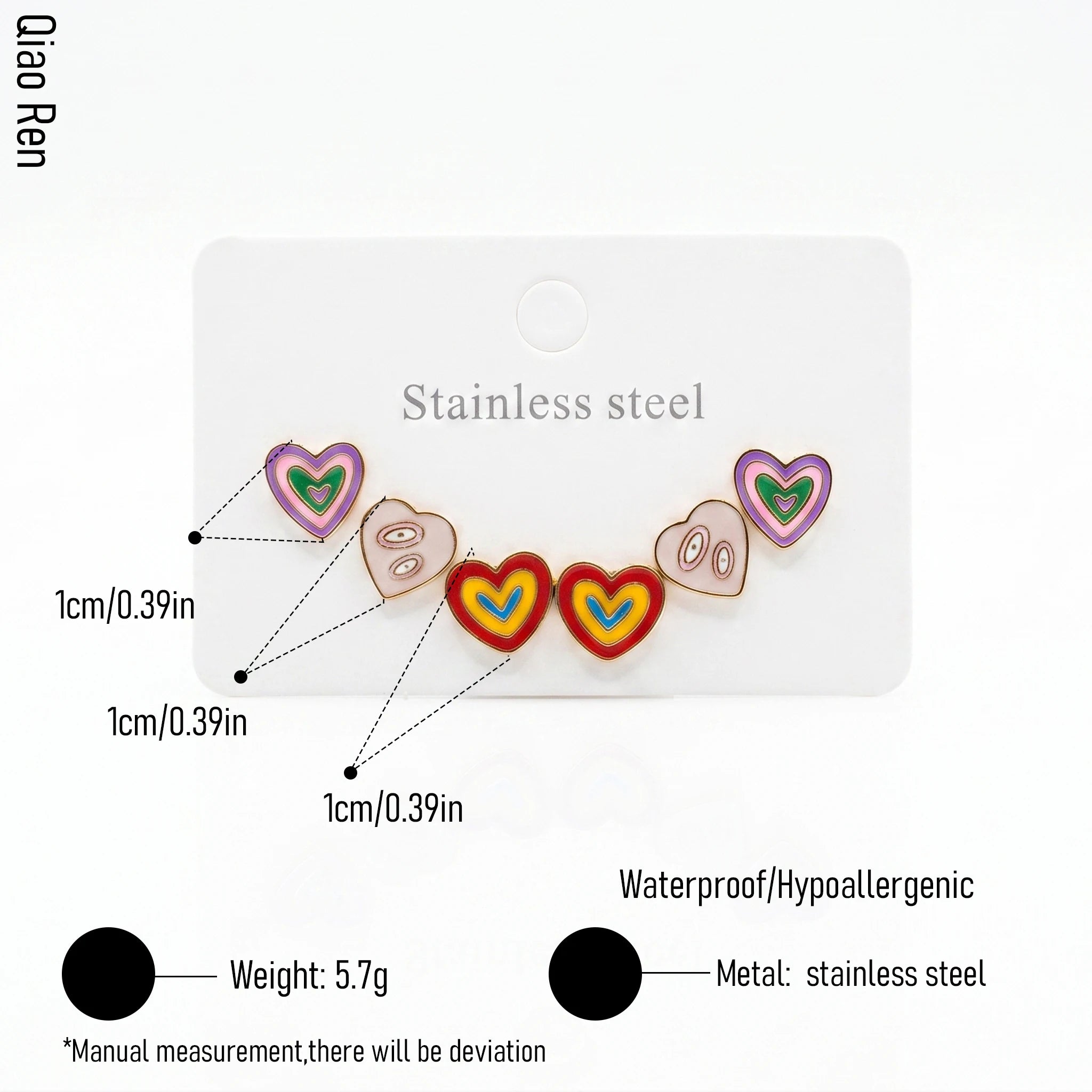 QIAOREN 14514 Waterproof Stainless Steel Heart Stud Earrings Colorful Enamel Heart Earrings Hypoallergenic Jewelry for Women