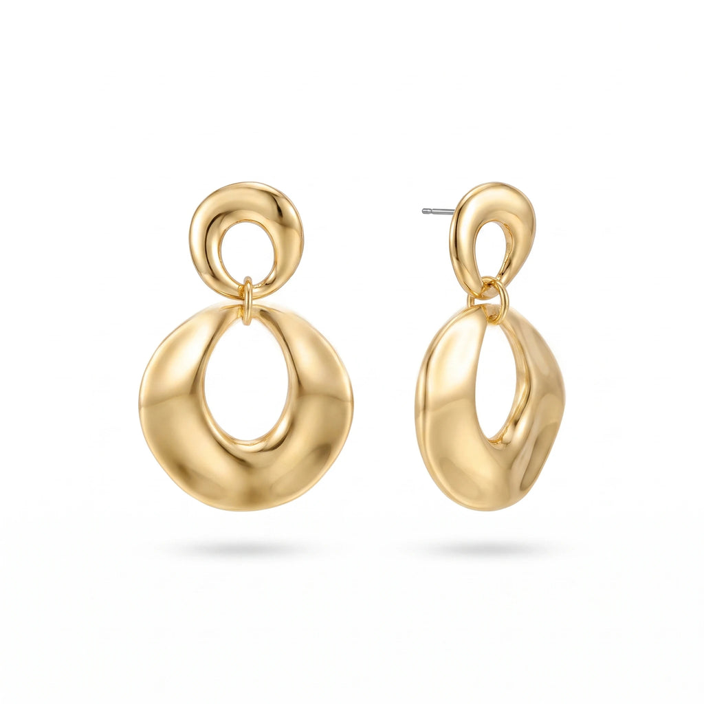 QIAOREN 14545 Two Link Organic Oval Drop Stud Earrings,Thick Tube Interlinked Dangle Earrings, Hypoallergenic Statement Jewelry