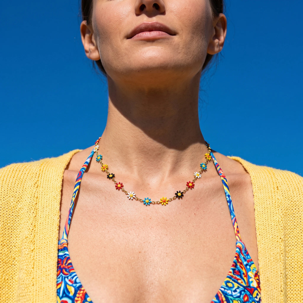 QIAOREN 13467 Colorful Enamel Daisy Flower Chain Necklace, Cute Floral Neck Jewelry with Multi Color Mini Daisy Charms