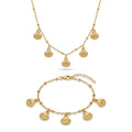QIAOREN 12856 18K Gold Plated Stainless Steel Shell Charm Necklace Bracelet Set, Waterproof Beach Summer Jewelry for Women
