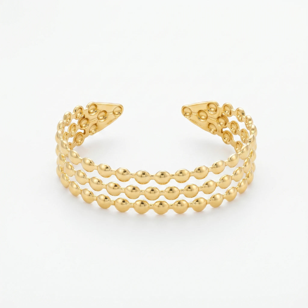 QIAOREN 12695 Classic Parallel Tiny Gold Bead Wide Open Gold Bangle Hypoallergenic Stainless Steel Hollow Stackable Bracelet