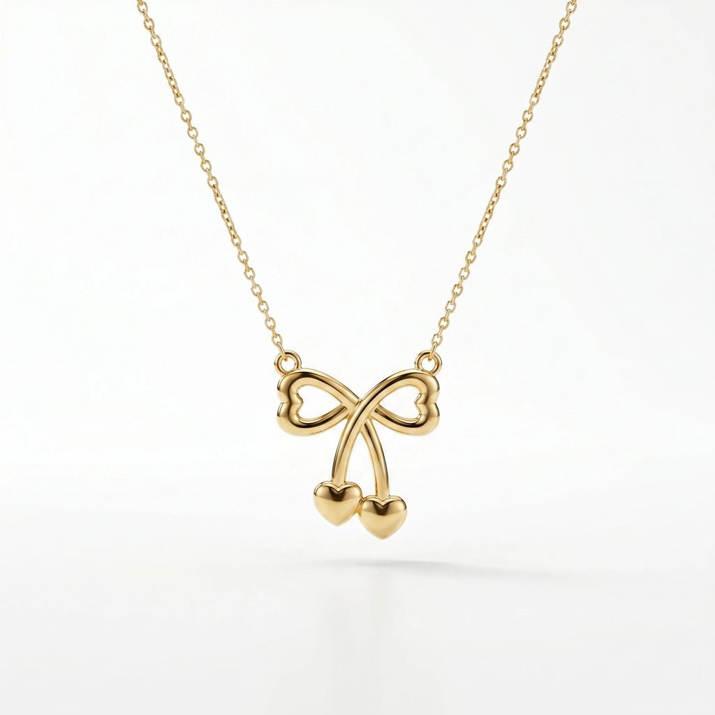 QIAORWEN 12895 18K Gold Plated Heart Bow Necklace, Waterproof Tarnish Free Stainless Steel Coquette Ribbon Jewelry for Women