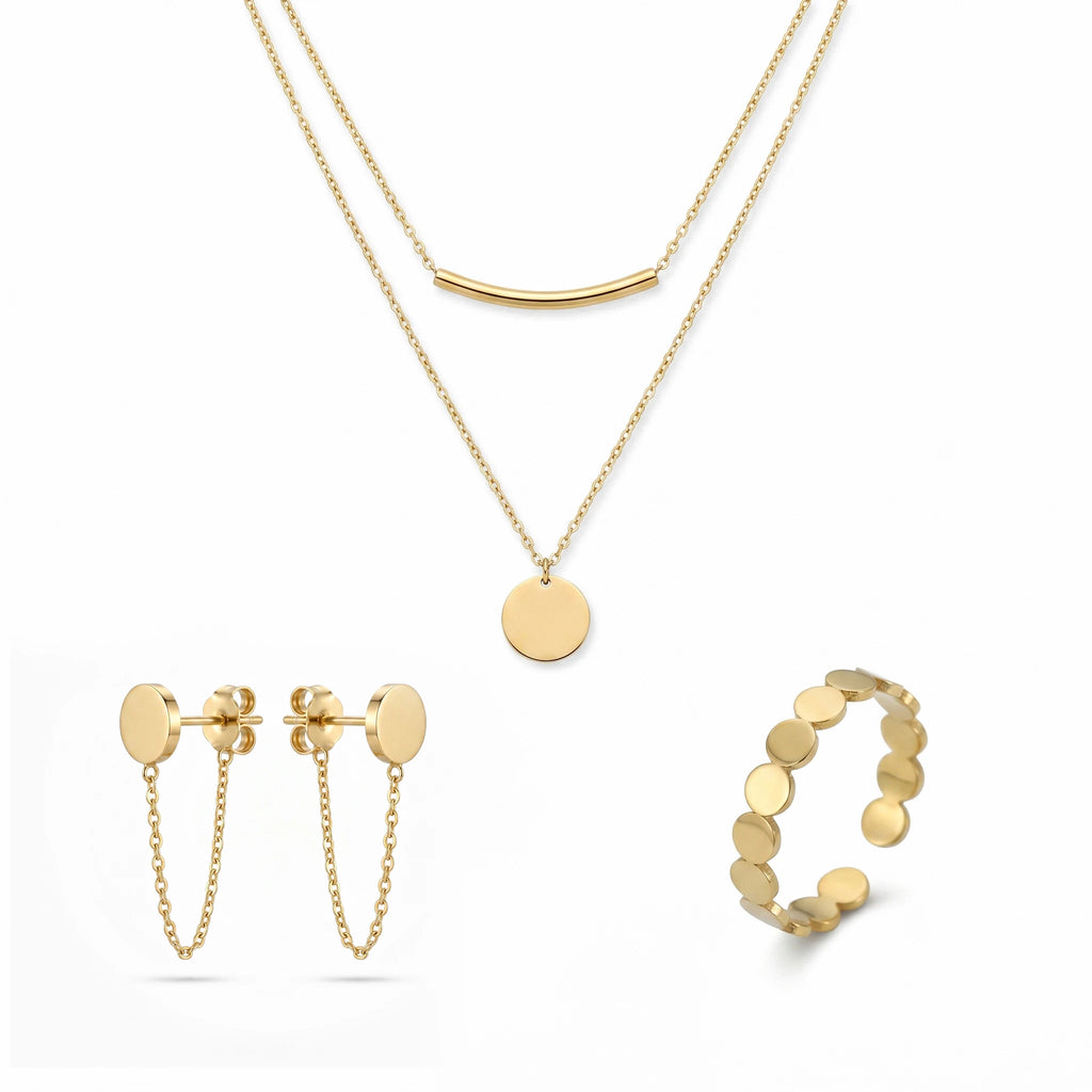 QIAOREN 11593 Waterproof 18K Gold Plated Stainless Steel Jewelry Set Layered Necklace Earrings Ring Everyday Wear