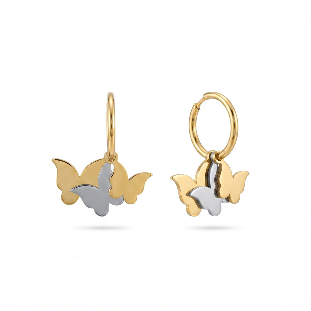 QIAOREN 14426 Stainless Steel Gold Plated Two-Tone Triple Butterfly Charm Huggie Hoop Earrings Small Gift for Daily Outfits