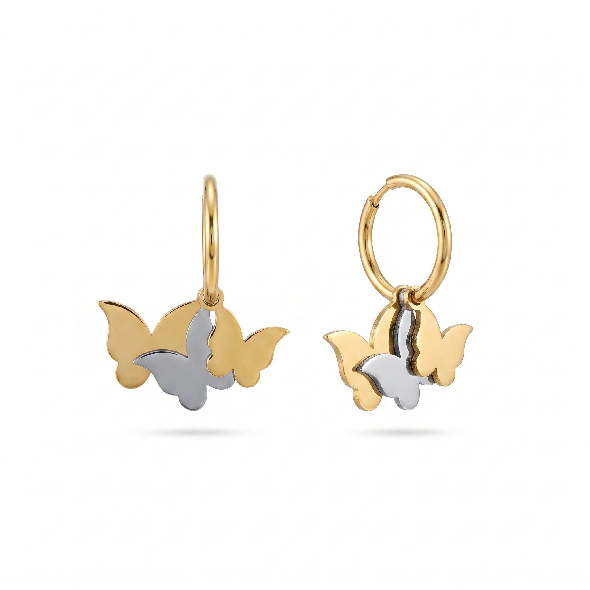 QIAOREN 14426 Stainless Steel Gold Plated Two-Tone Triple Butterfly Charm Huggie Hoop Earrings Small Gift for Daily Outfits
