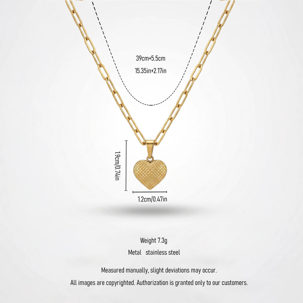 QIAOREN 13936 Paperclip Link Chain Heart Pendant Necklace with Embossed Grid Textured Heart Charm, Polished Gold Love