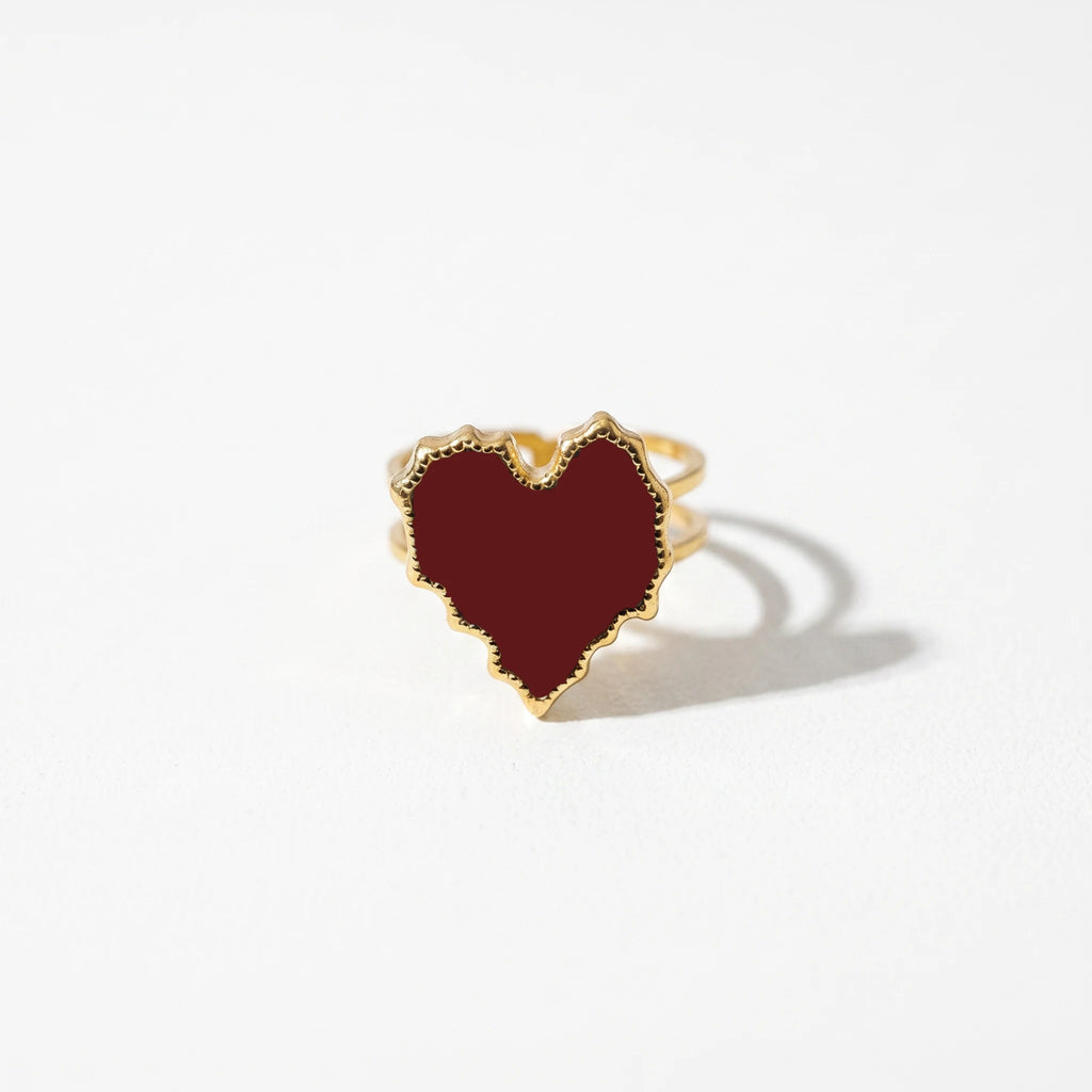 QIAOREN 14180-83 Red Enamel Heart & Sun Open Ring Set, Irregular Love Shape Adjustable Stackable Ring Jewelry Gift