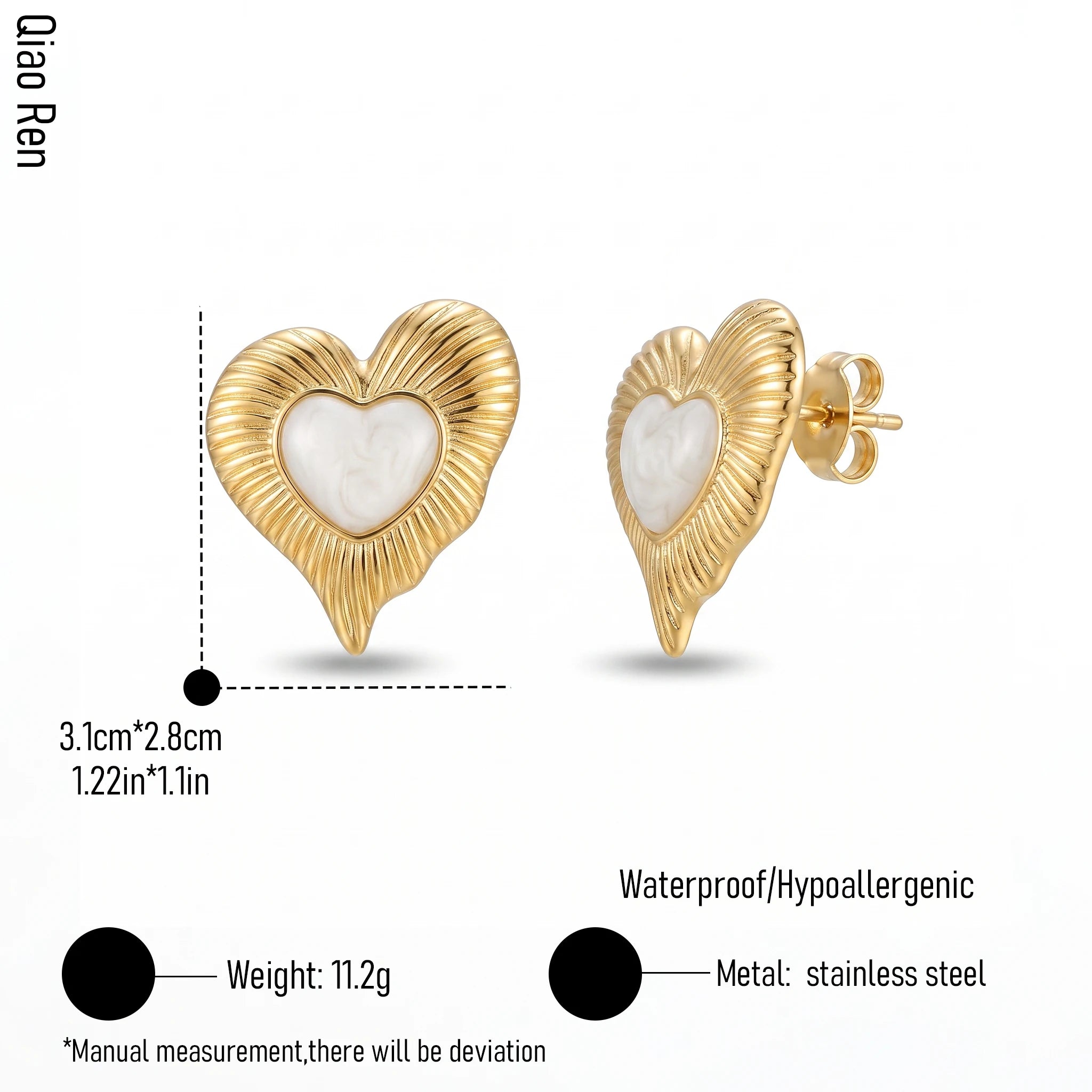 QIAOREN 14076-77 Fluted Heart Shell Stud Earrings, White Enamel Inset Heart Ear Stud Jewelry Gift for Daily Fashion Outfits