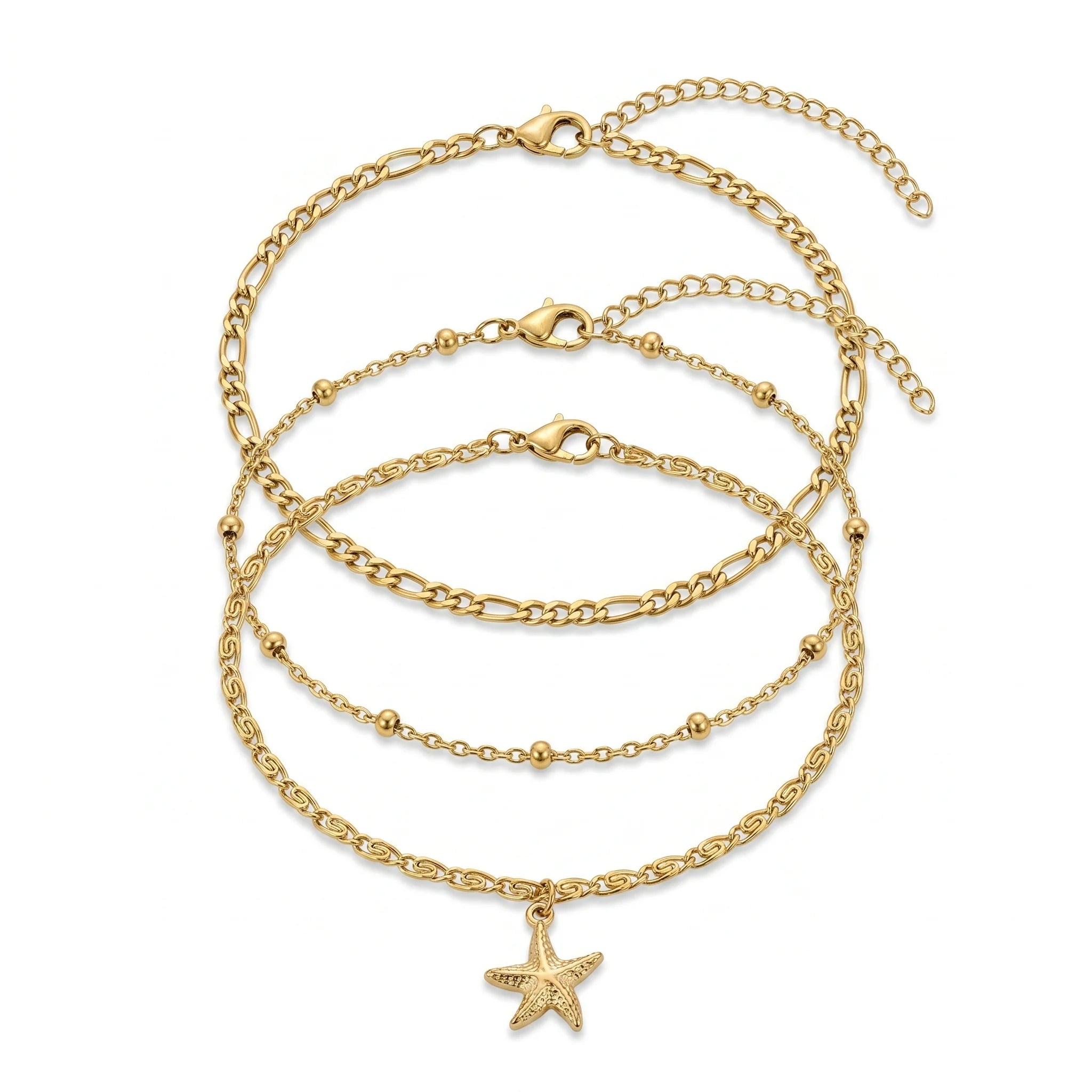 QIAOREN 11517 Summer Beach Starfish Layered Anklet Set Stainless Steel Waterproof Vacation Foot Jewelry