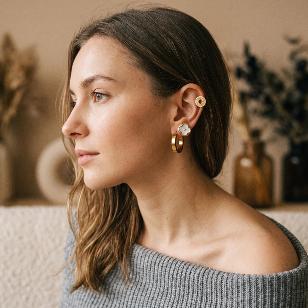 QIAOREN 14483 3 Pairs Gold Stainless Steel Earrings Set, Shell Clover Studs, Retro Greek Key Circle Studs & Thick Hoop Earrings