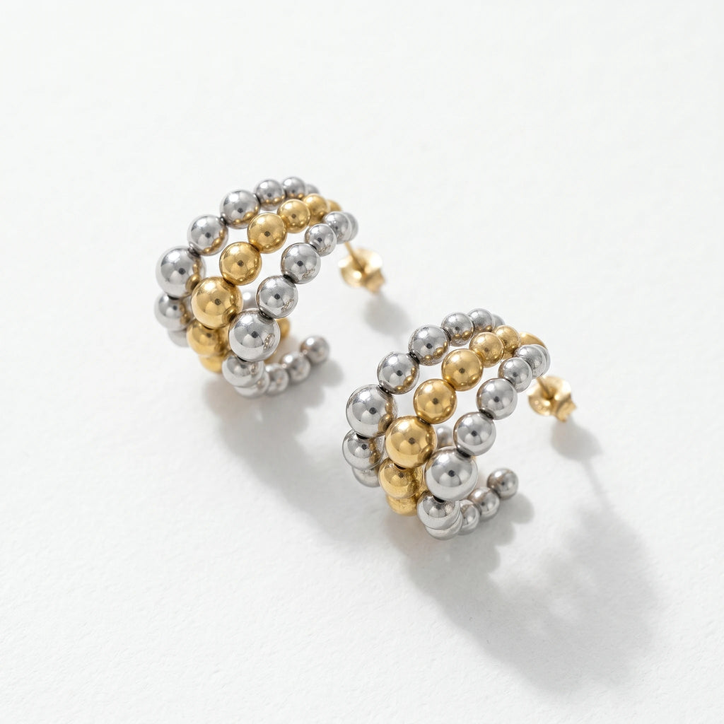 QIAOREN 12753 Stainless Steel Two Tone Beaded Hoop Earrings Silver Gold Mixed Ball Chunky Cuff Ear Jewelry for Women