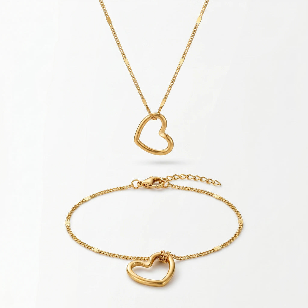 QIAOREN 10647 Irregular Hollow Heart Matching Jewelry Set 18K Gold Plated Stainless Steel No-Fade Necklace Bracelet Women