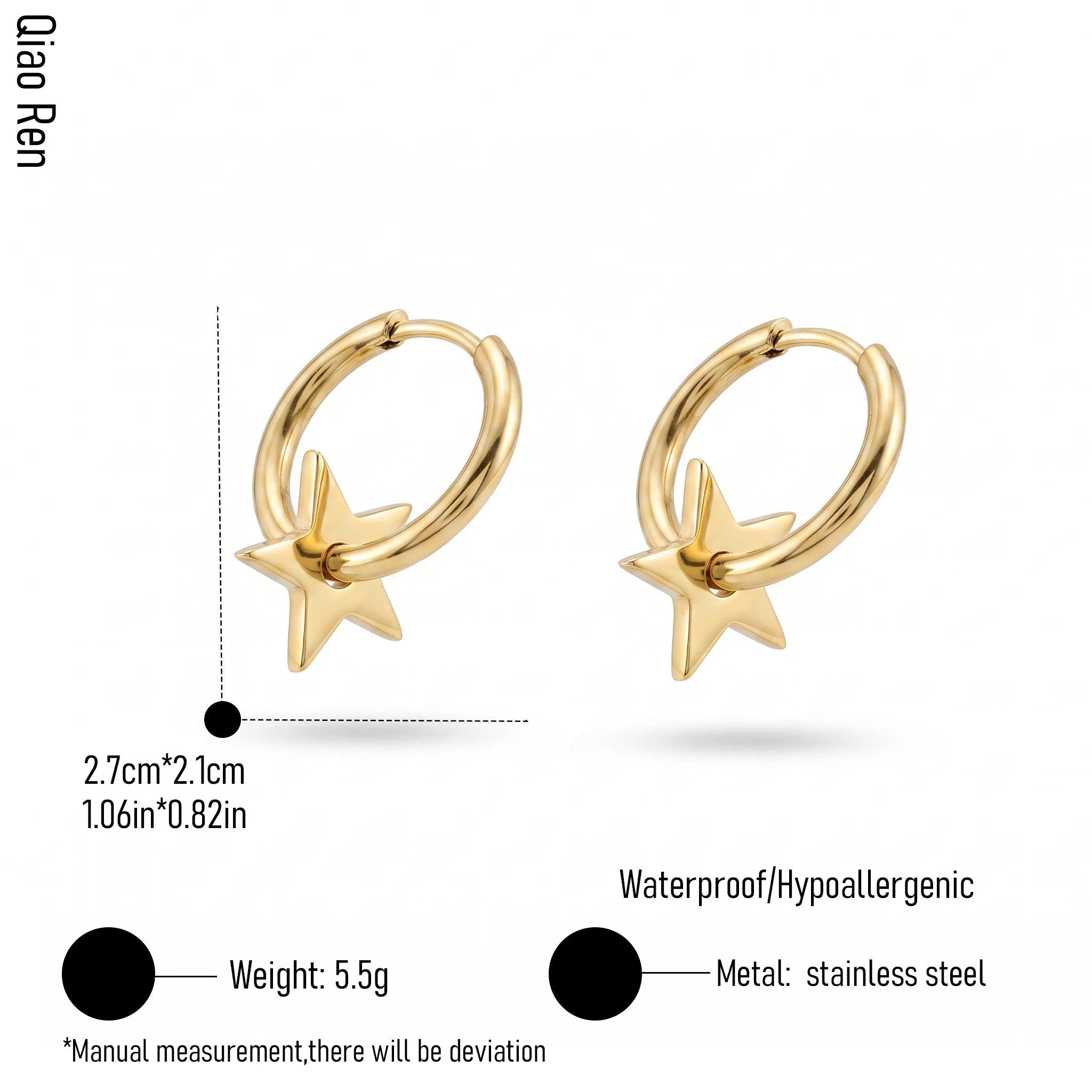 QIAOREN 14424 Star Charm Huggie Hoop Earrings, Stainless Steel Small Hoop Earrings Jewelry Gift for Daily Fashion Outfits