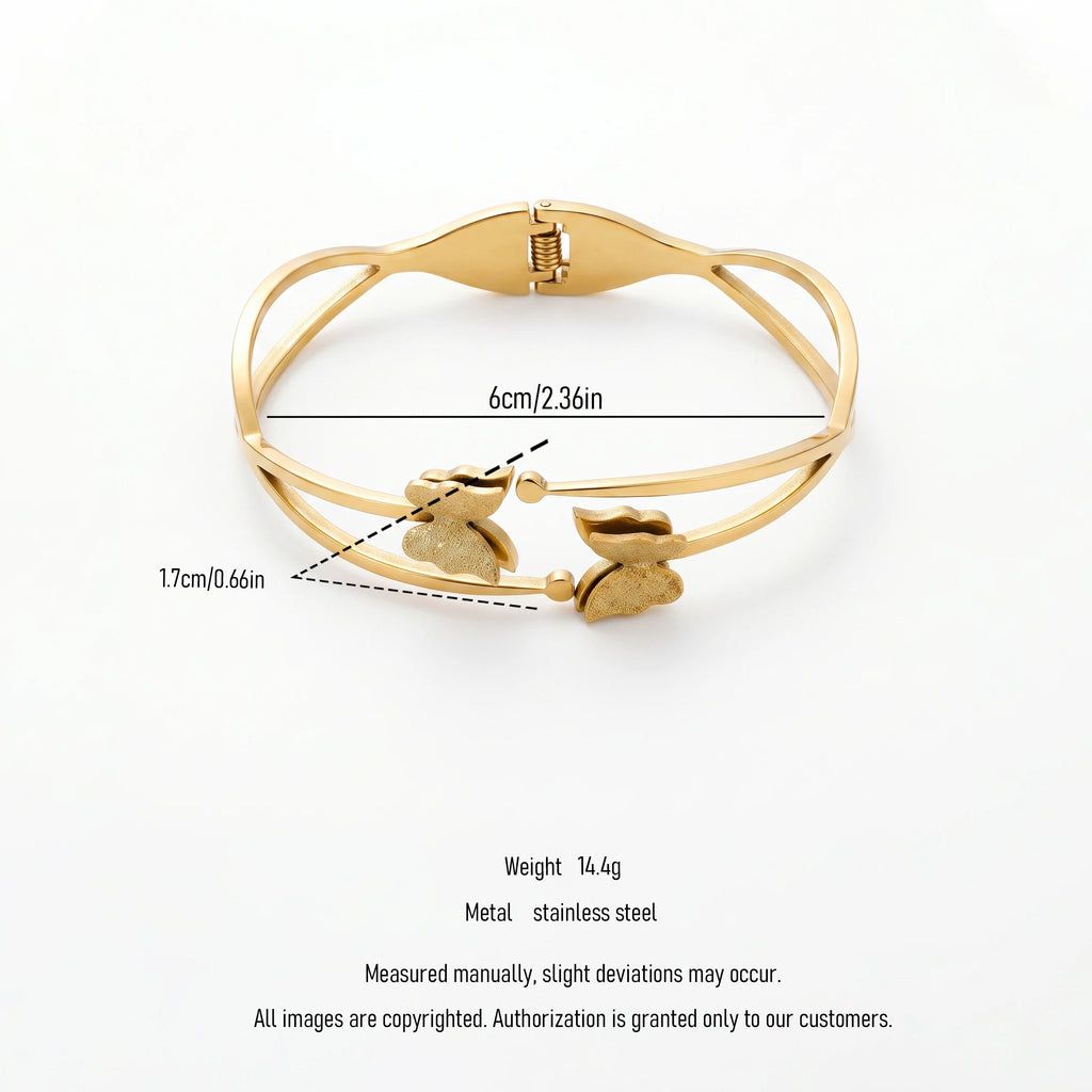 QIAOREN 13656 Trendy Hollow Double Line Butterfly Spring Bangle, Textured Matte Love Insect Decor Gold Open Cuff Bangle