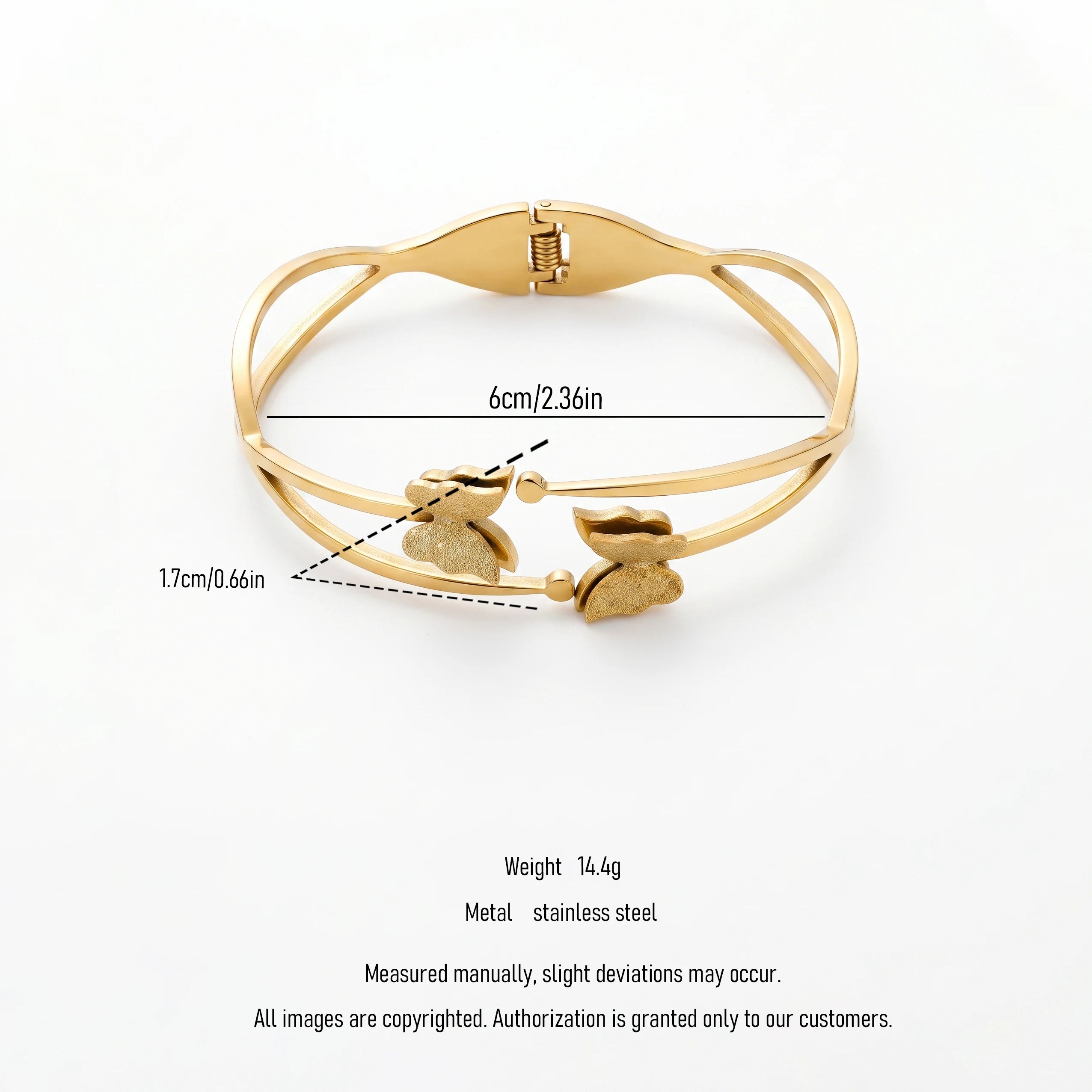 QIAOREN 13656 Trendy Hollow Double Line Butterfly Spring Bangle, Textured Matte Love Insect Decor Gold Open Cuff Bangle
