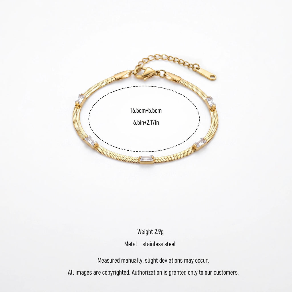 QIAOREN 13295 Gold Plated Stainless Steel Snake Chain Bracelet with Baguette Cubic Zirconia Minimalist Dainty Jewelry