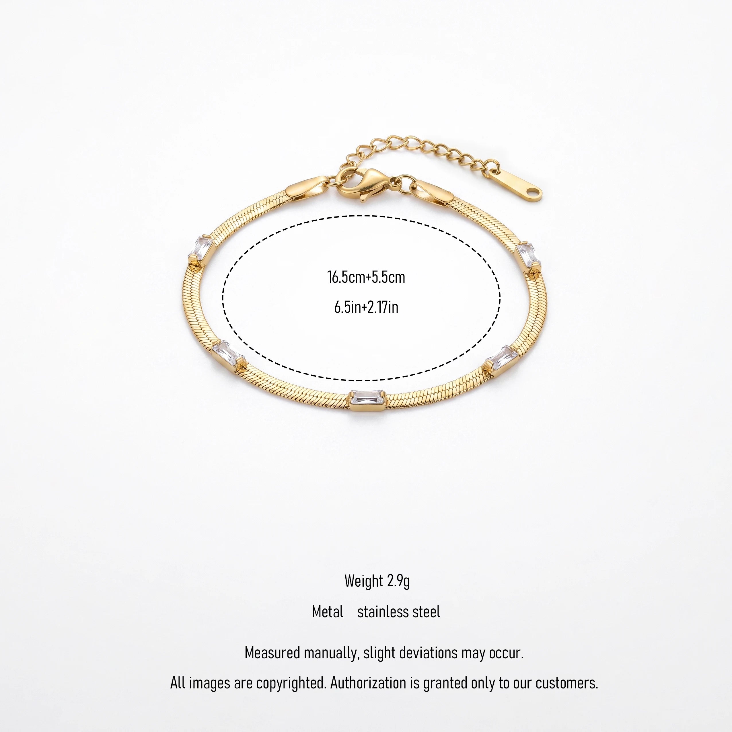 QIAOREN 13295 Gold Plated Stainless Steel Snake Chain Bracelet with Baguette Cubic Zirconia Minimalist Dainty Jewelry