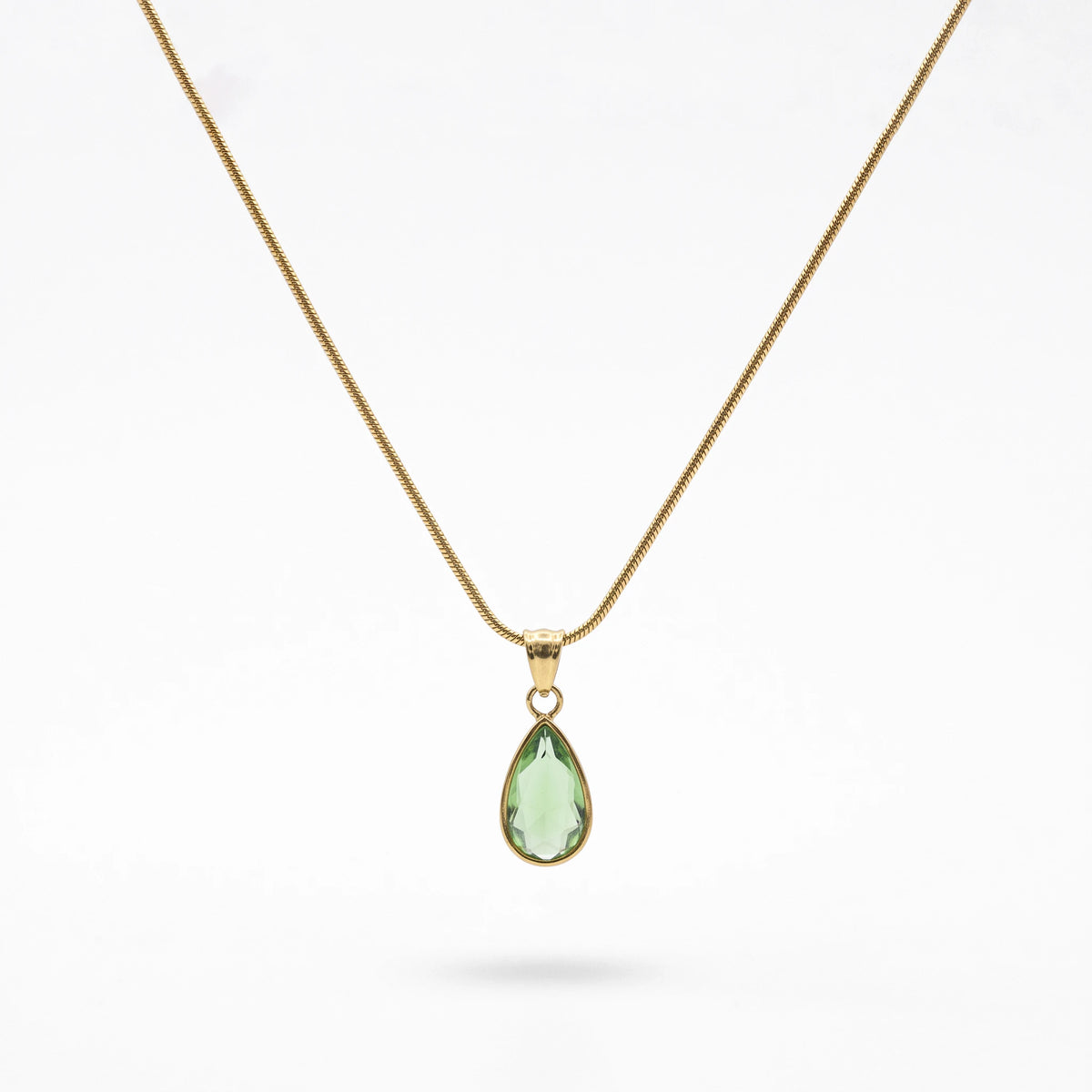 QIAOREN 13845-46 Stainless Steel Green Crystal Teardrop Necklace Waterproof Hypoallergenic Elegant Pendant for Women