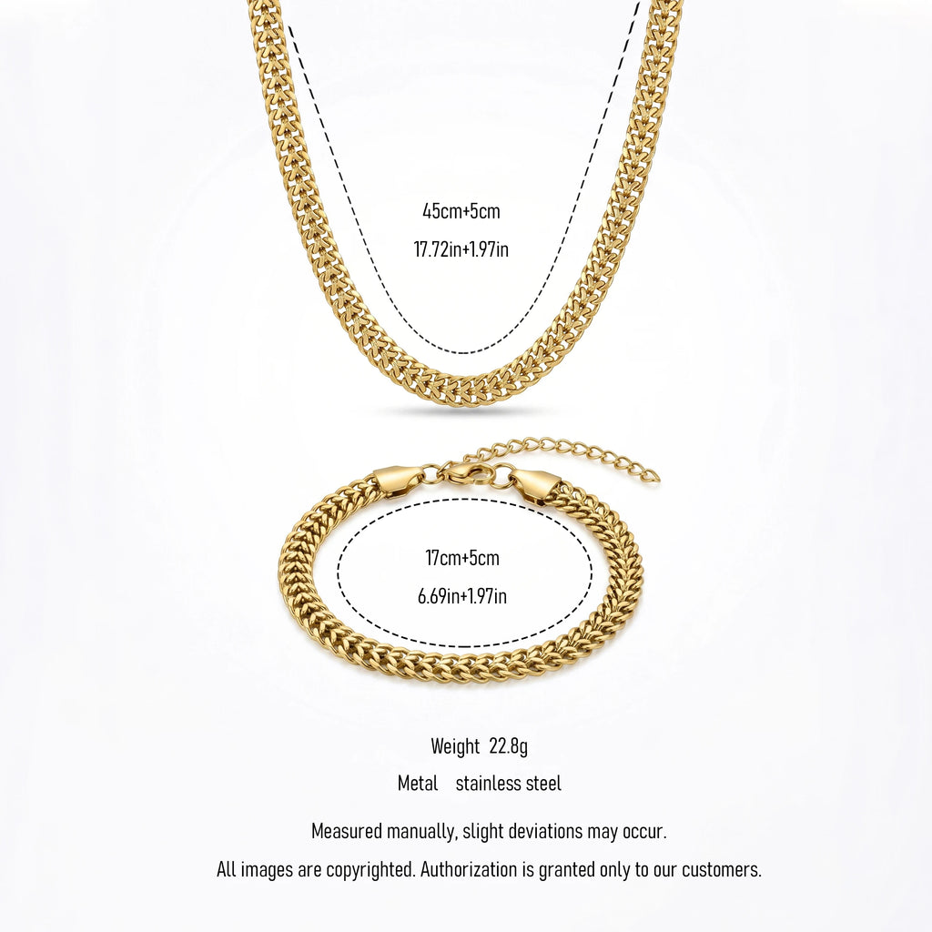 QIAOREN 11490 18K Gold Plated Thick Cuban Chain Necklace Bracelet Set Stainless Steel Tarnish Free Waterproof