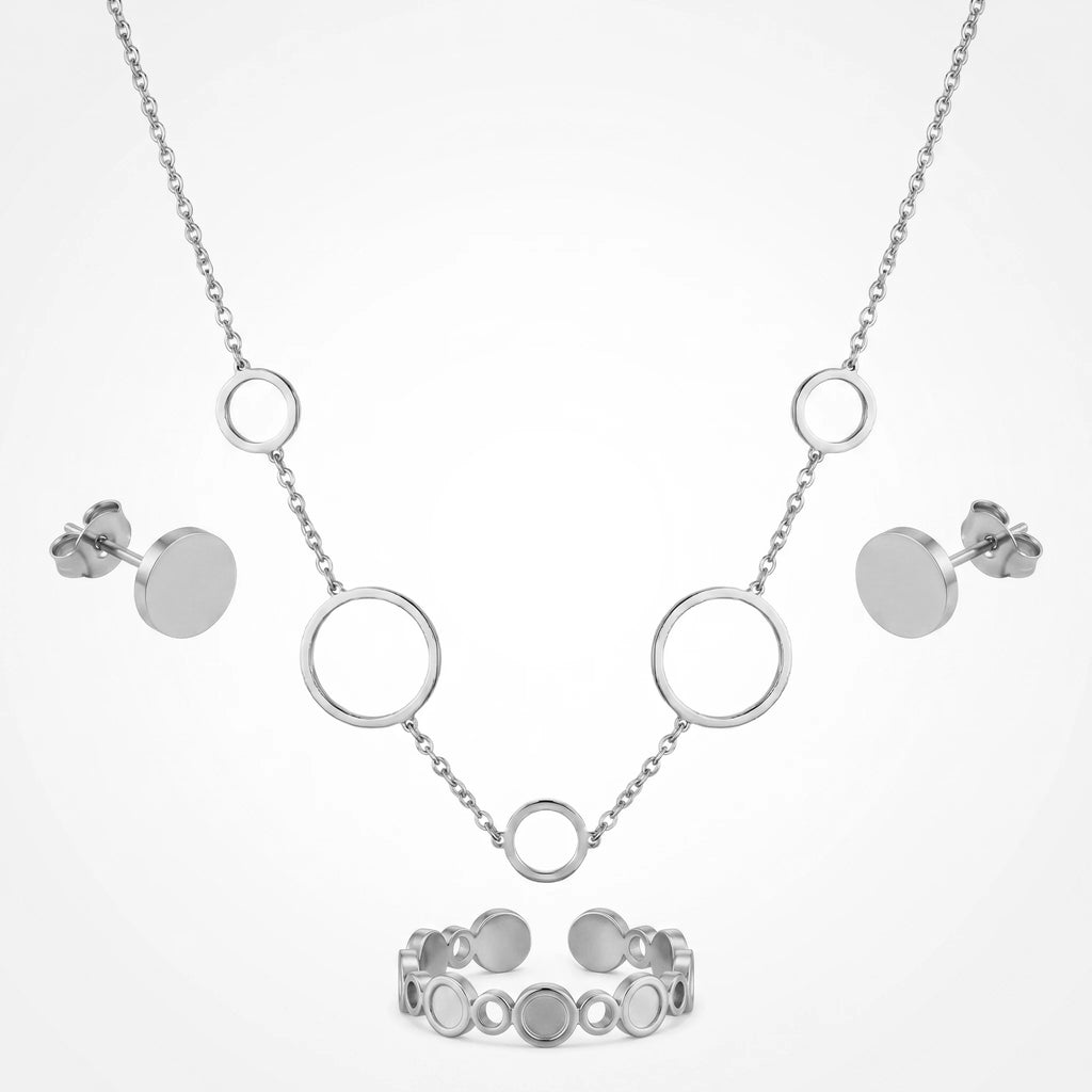 QIAOREN 11649 Versatile Gold Circle Jewelry Set 18K Stainless Steel Necklace Earrings Ring for Office Daily Wear