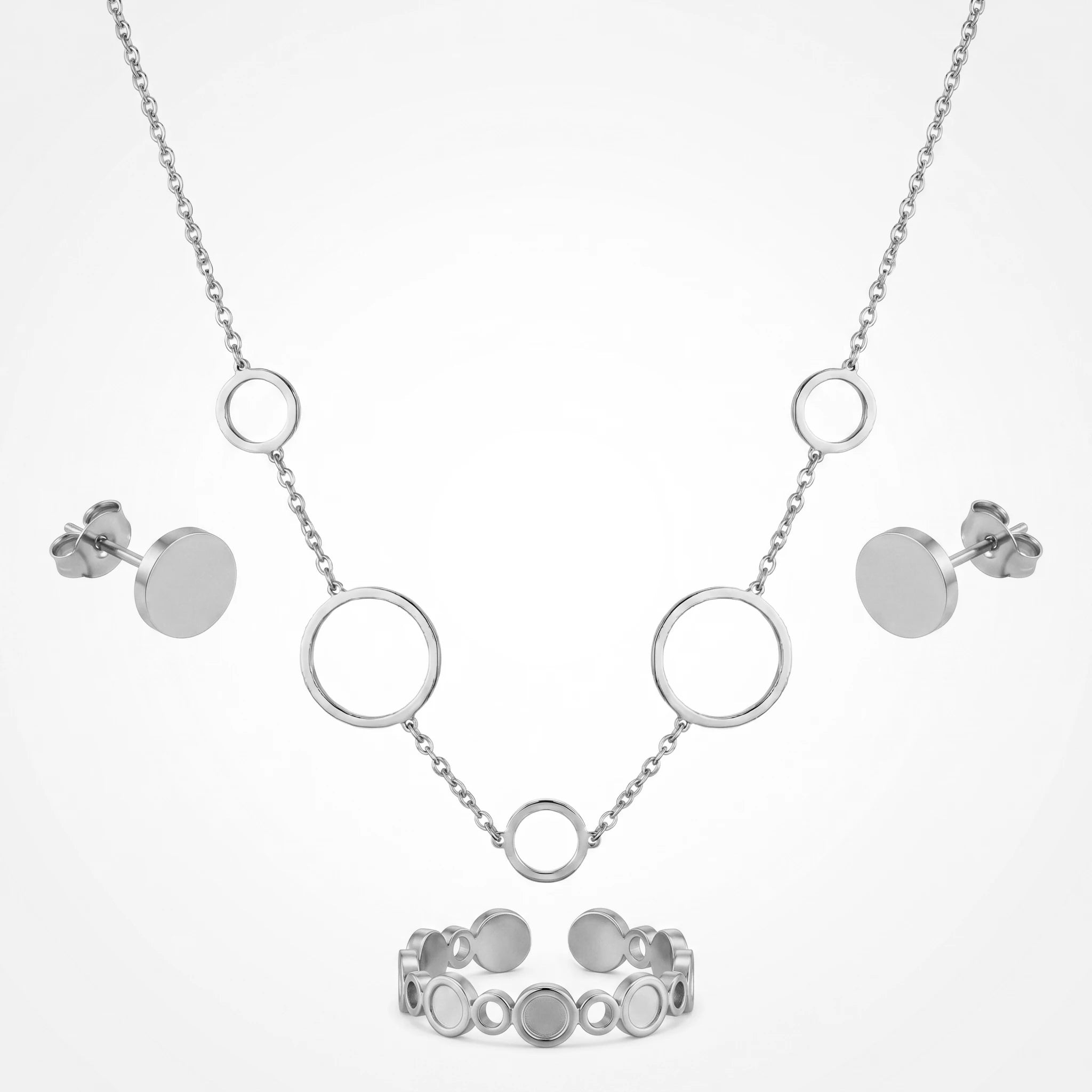 QIAOREN 11649 Versatile Gold Circle Jewelry Set 18K Stainless Steel Necklace Earrings Ring for Office Daily Wear
