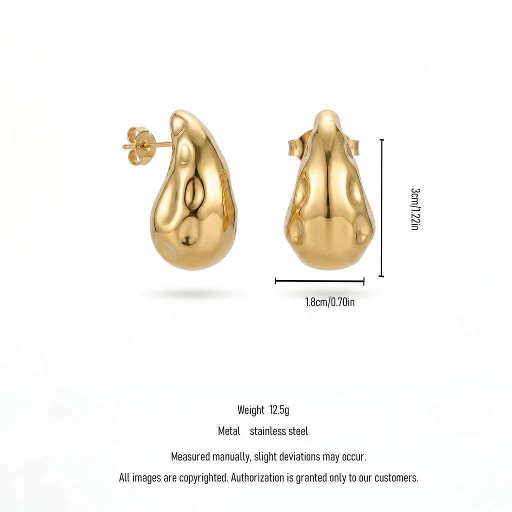 QIAOREN 12277 Elegant Abstract Sculptural Teardrop Earrings Gold Stainless Steel Uneven Molten Wavy Waterdrop Studs Gift Women