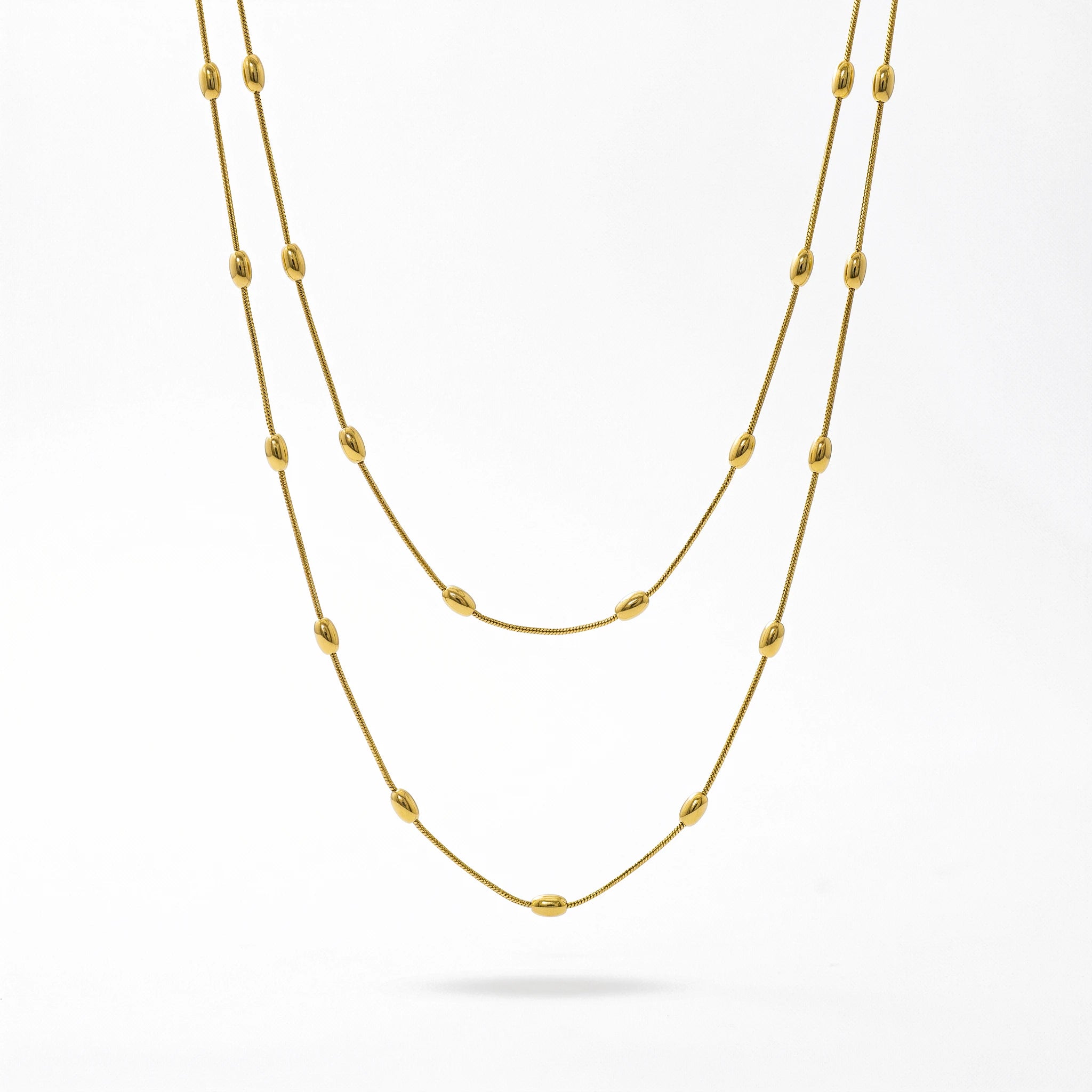 QIAOREN 13568 Gold Stainless Steel Layered Long Chain Necklace with Beaded Station Design Minimalist Fashion Jewelry for Women