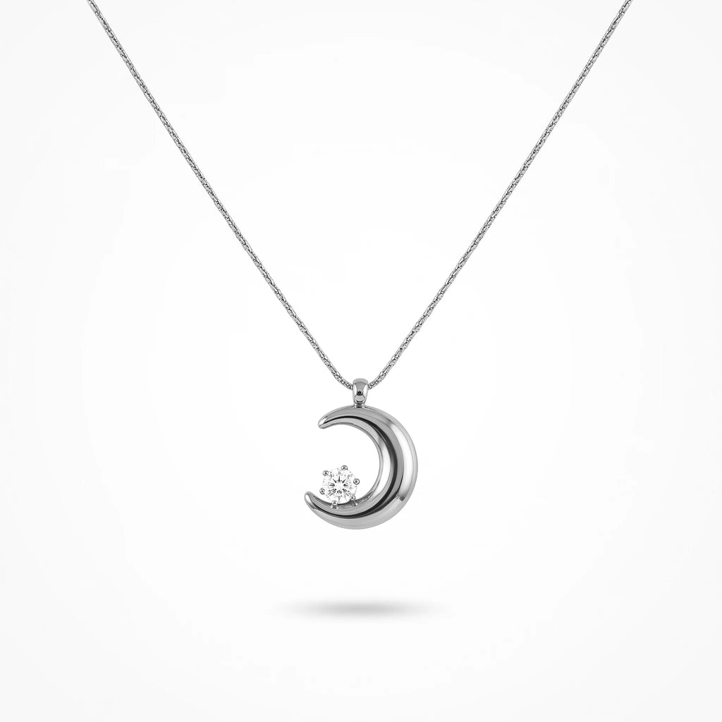 QIAOREN 13726 Thin Snake Chain Pendant Necklace with Smooth Curved Crescent Moon Charm Inlaid Single Round Clear Zircon