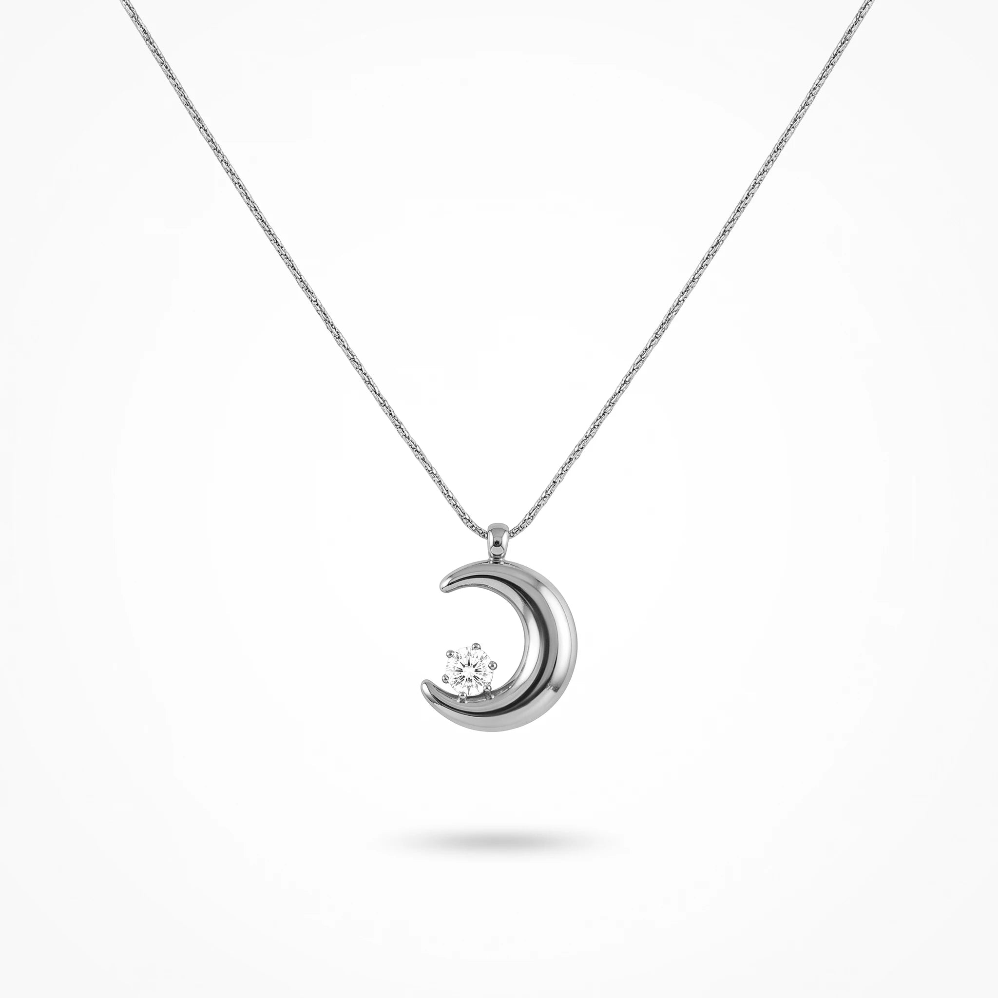 QIAOREN 13726 Thin Snake Chain Pendant Necklace with Smooth Curved Crescent Moon Charm Inlaid Single Round Clear Zircon