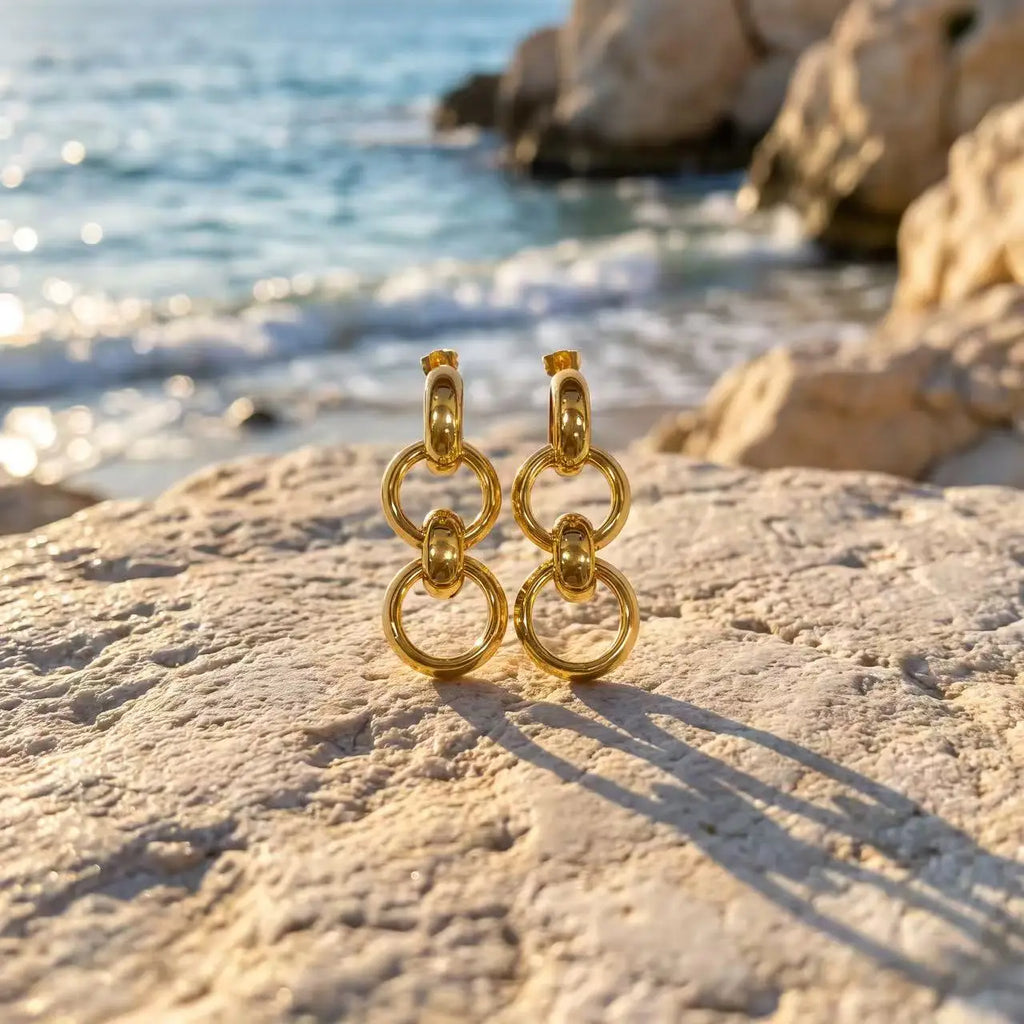 QIAOREN 14546 Triple Link Chain Ring Stud Earrings, Polished Thick Tube Interlocked Stud Earrings, Hypoallergenic Jewelry