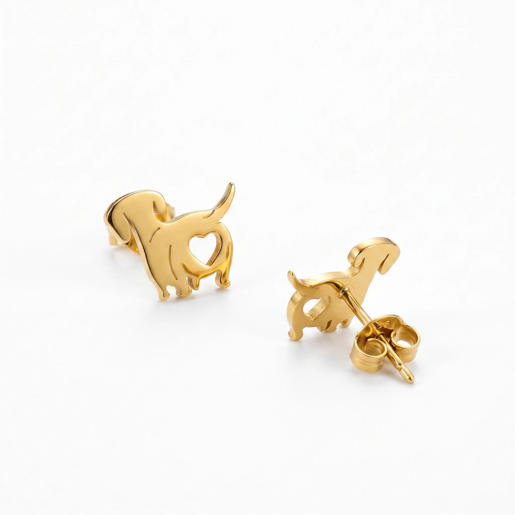 QIAOREN 10721 18K Gold Plated Stainless Steel Dachshund Stud Earrings, Hypoallergenic Cute Dog Heart Hollow Earrings for Women