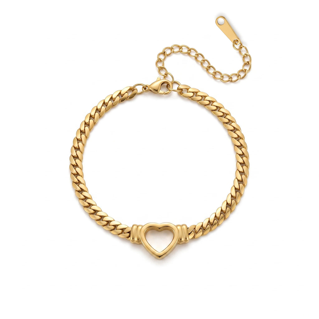 QIAOREN 13298 Gold Plated Stainless Steel Cuban Link Heart Bracelet Minimalist Dainty Chain Bracelet for Women