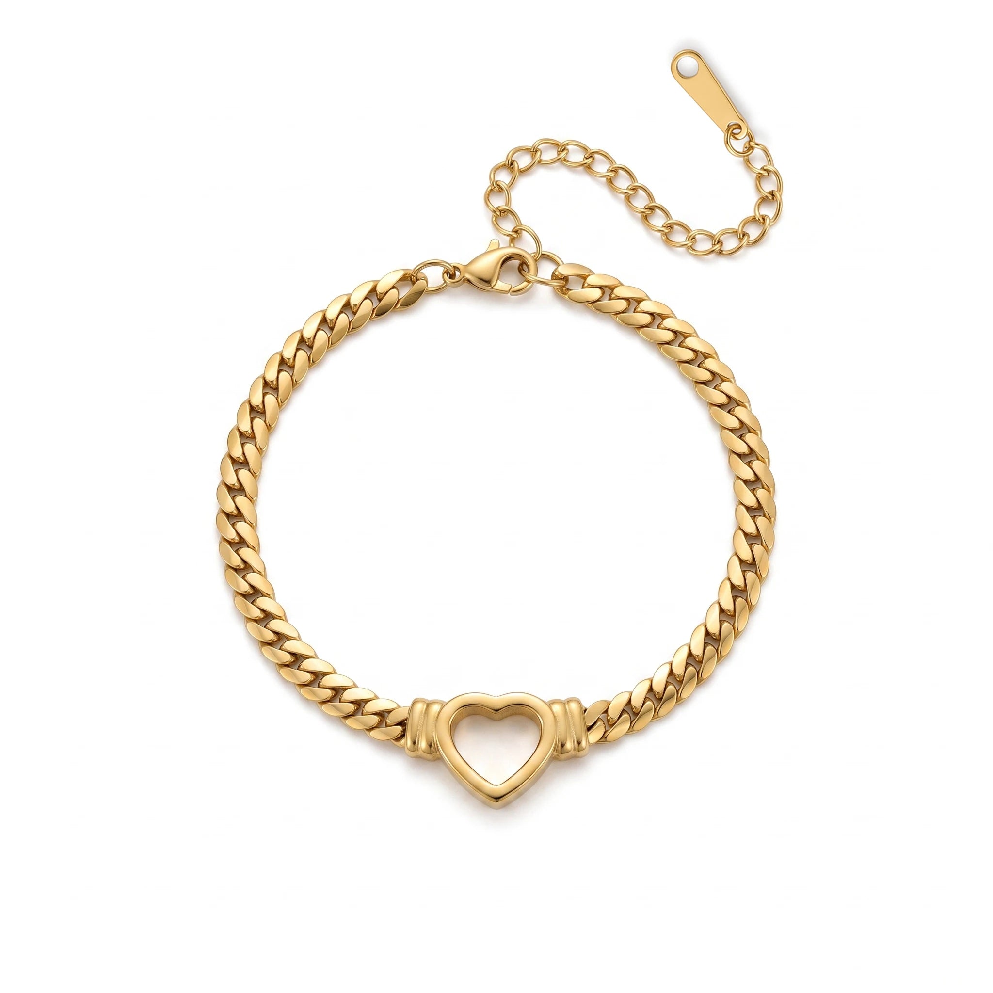QIAOREN 13298 Gold Plated Stainless Steel Cuban Link Heart Bracelet Minimalist Dainty Chain Bracelet for Women