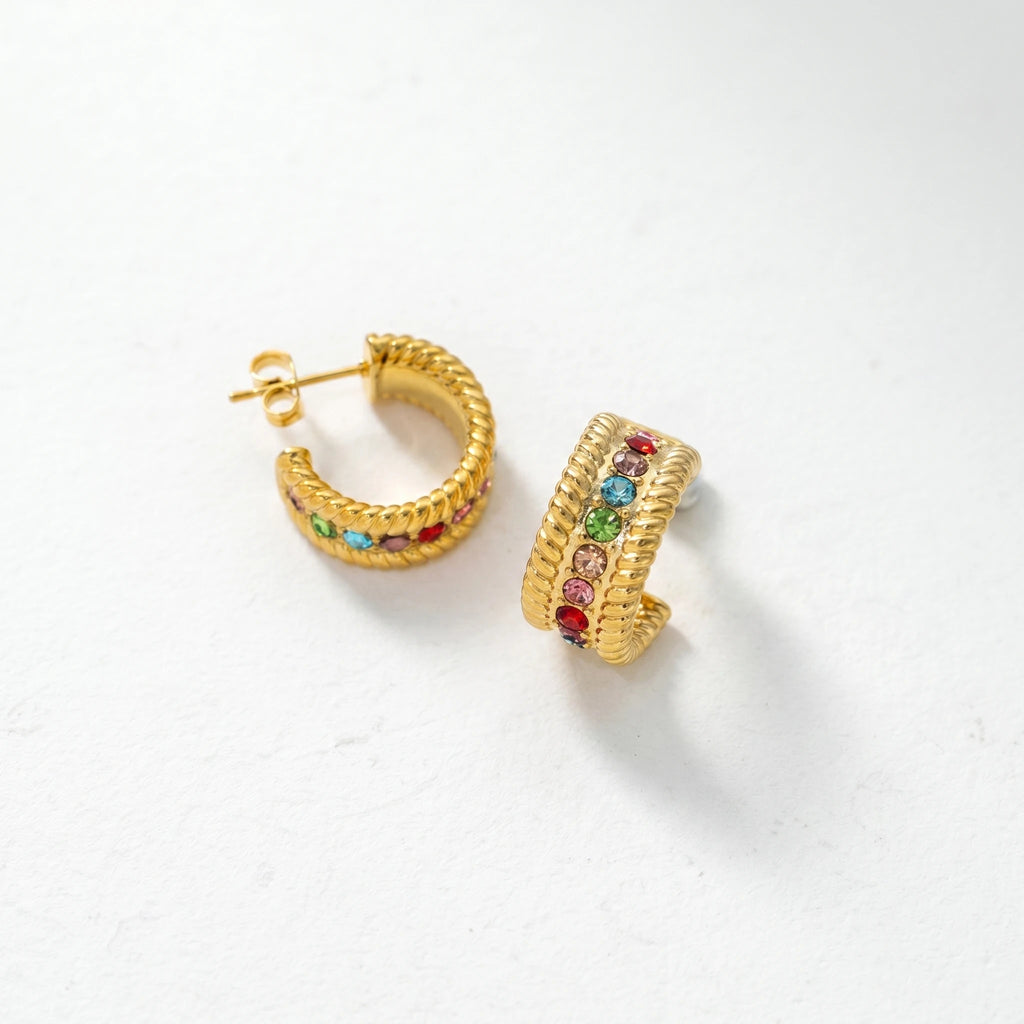 QIAOREN 12427Waterproof Tarnish Free Twisted Cable Border Earrings Stainless Steel Gold Multicolor CZ Half Hoop Studs Women