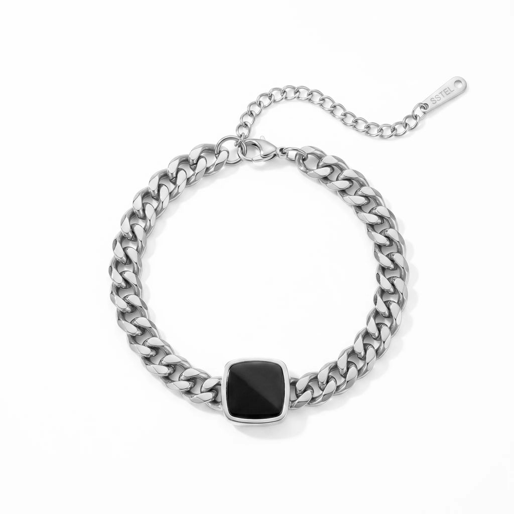 QIAOREN 10786 18K Gold Plated Stainless Steel Cuban Bracelet Black Square Onyx Pendant Waterproof Non Tarnish Adjustable Jewelry