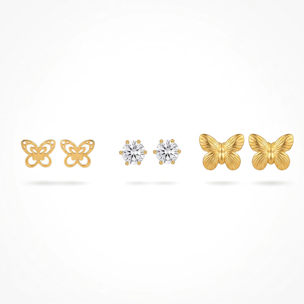 QIAOREN 13252 3 PCS Set 18K Gold Plated Stainless Steel Butterfly & CZ Stud Earrings Set Hollow Solid Butterfly Round Zircon