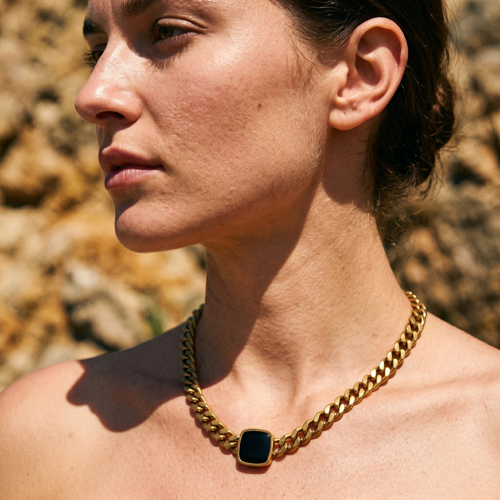 QIAOREN 10782 Vintage Black Geometric Pendant Cuban Link Necklace 18K Gold Plated Stainless Steel Waterproof  Style Jewelry