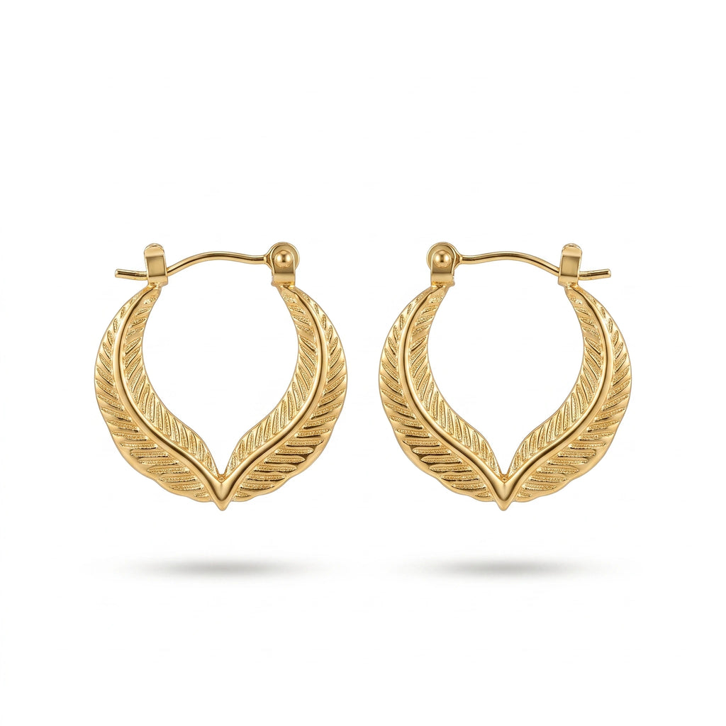 QIAOREN 13248 18K Gold PVD Plated Stainless Steel Double Leaf Hoop Earrings Textured Feather Shape Earring