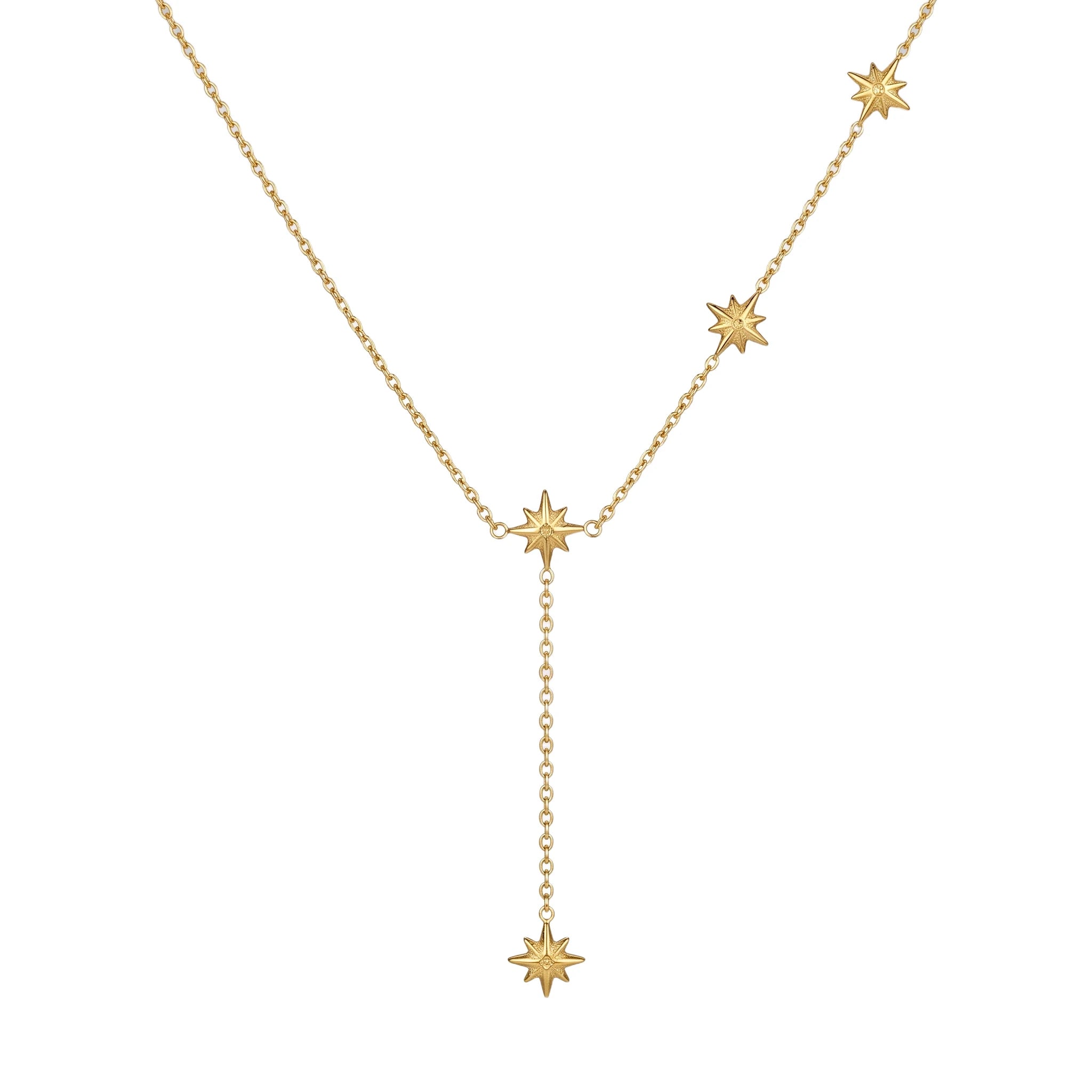 QIAOREN 11843 18K Gold Plated Stainless Steel Anti-Tarnish Hypoallergenic Multiple North Starburst Lariat Y-Chain Necklace