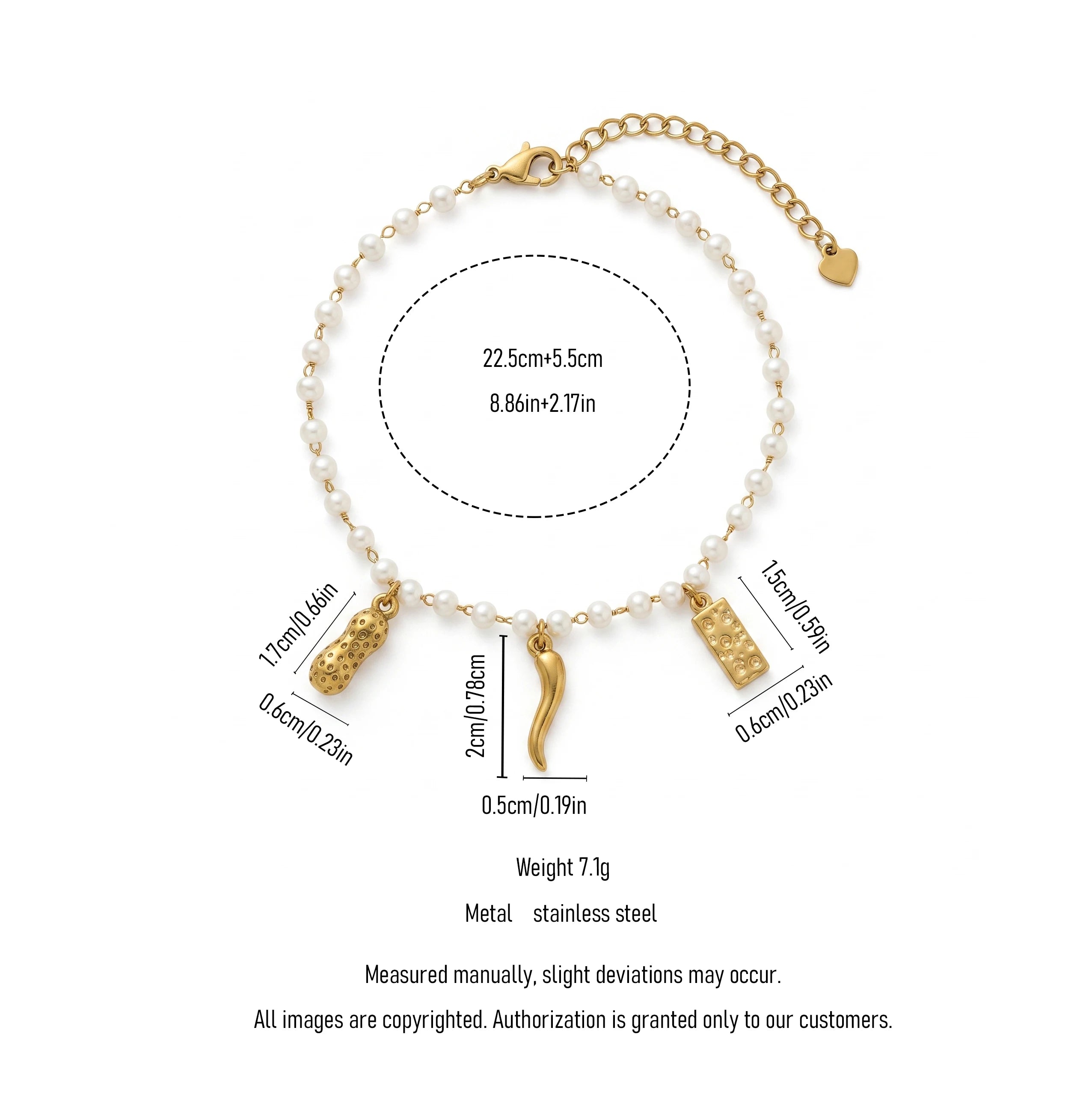 QIAOREN 13313 Fortune Themed Faux Pearl Anklet Gold Peanut Chili Gold Bar Charms Adjustable Jewelry