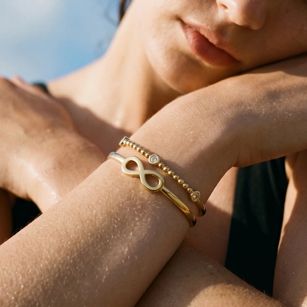 QIAOREN 11884 Minimalist Double Layer Infinity Cuff Bracelet 18K Gold Stainless Steel Beaded CZ Open Bangle Daily Wear Jewelry