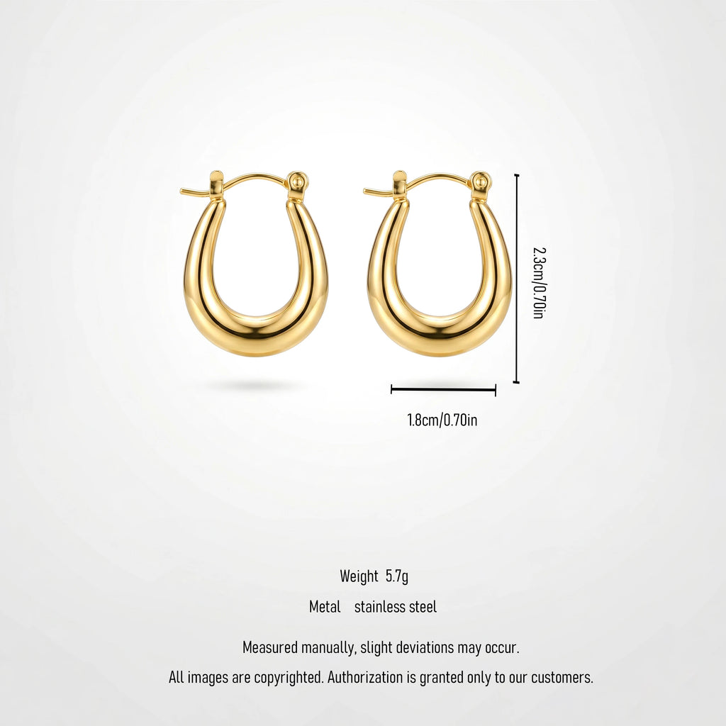 QIAOREN 12527 Waterproof 18K Gold Puffy Oval Earrings Stainless Steel Tarnish Free Bold U Hoop Earrings Jewelry US EU