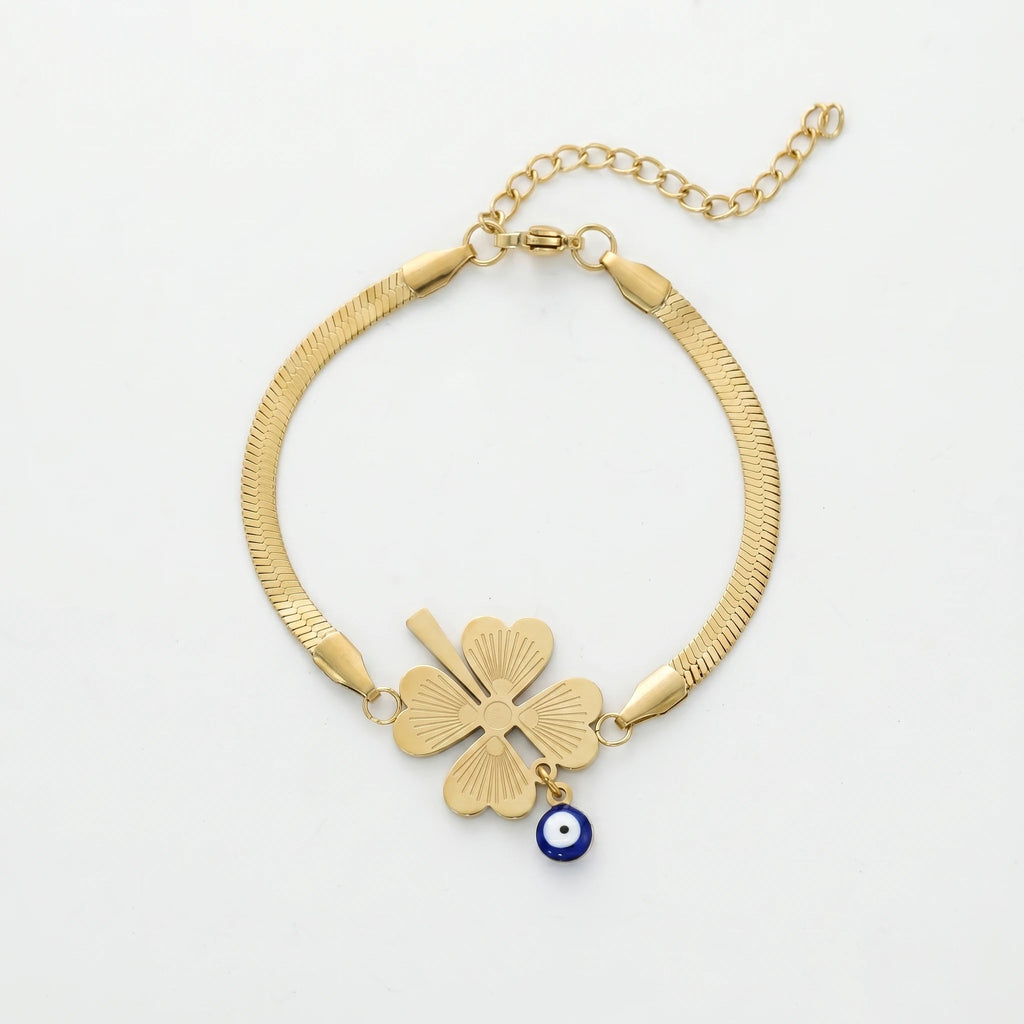 QIAOREN 12779 Stainless Steel Gold Snake Chain Bracelet Four Leaf Clover  Adjustable Women Wrist Jewelry