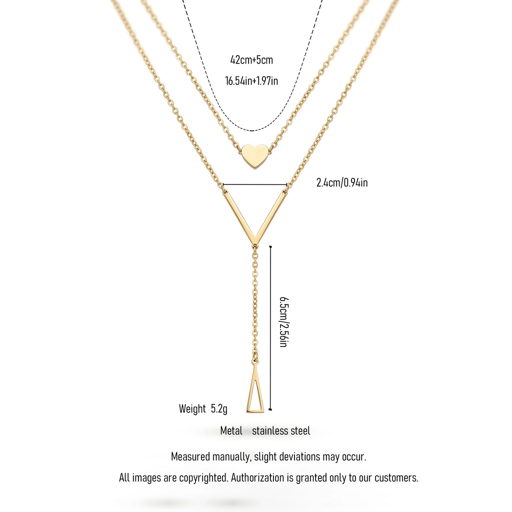 QIAOREN 11257 Dainty Double Layer Heart Triangle Pendant Necklace 18K Gold Plated Stainless Steel Waterproof Jewelry