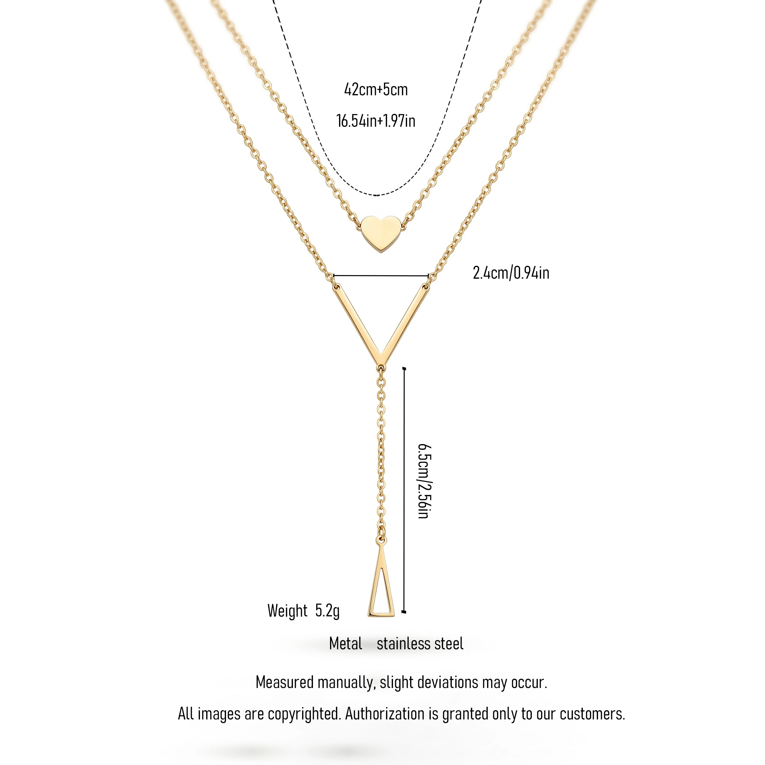 QIAOREN 11257 Dainty Double Layer Heart Triangle Pendant Necklace 18K Gold Plated Stainless Steel Waterproof Jewelry