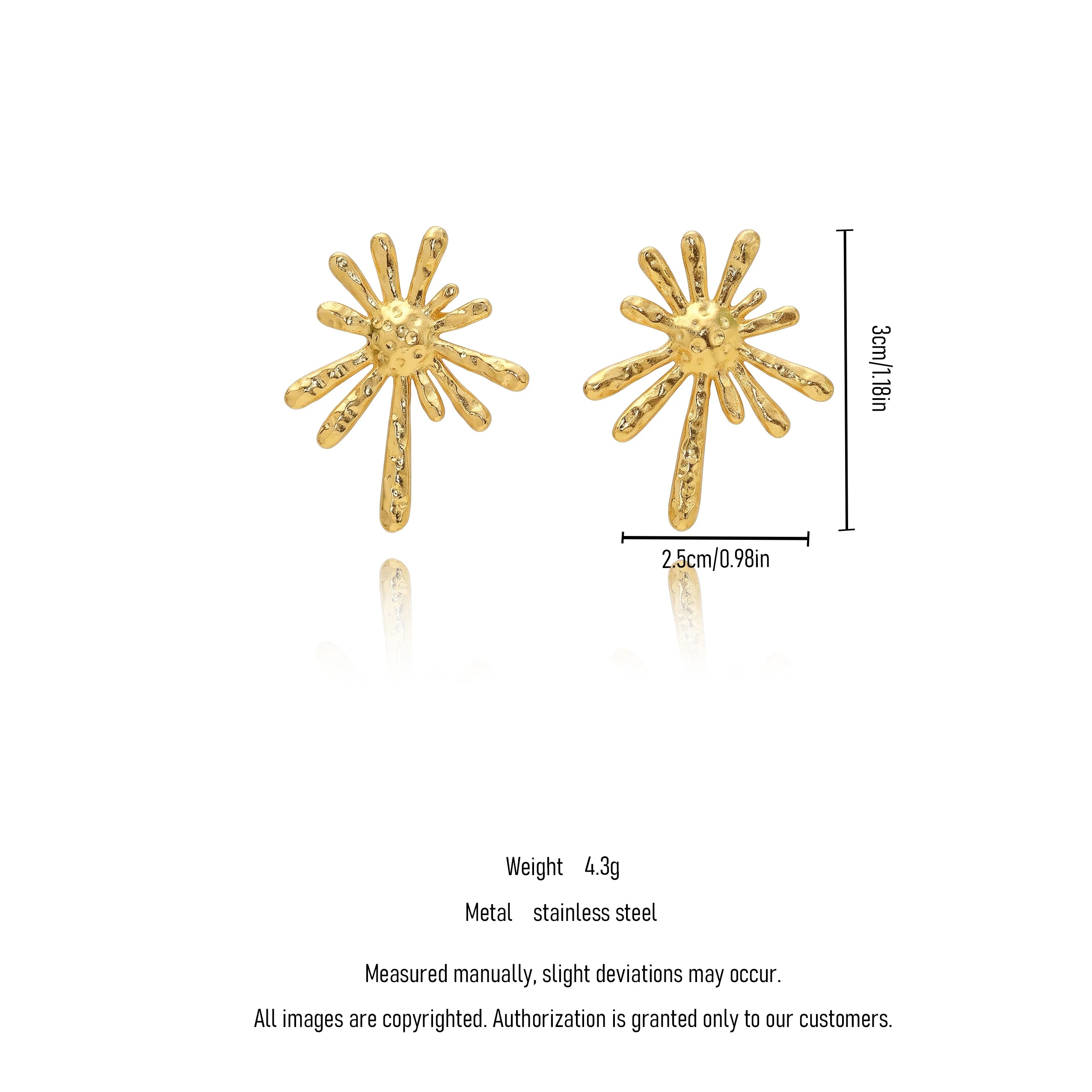 QIAOREN 13274 Gold Tone Irregular Splash Star Stud Earrings Hammered Textured Abstract Radiant Shape Pin Studs Artistic